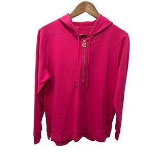 MICHAEL KORS BARBIE PINK PULL OVER LS 1/4 GOLD LOGO ZIP HOODIE SHIRT